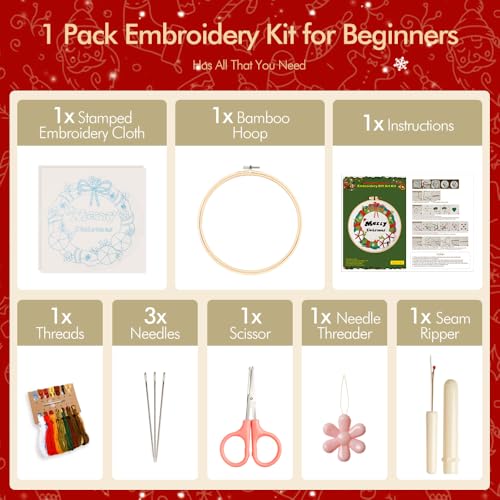 wtisan Christmas Embroidery Kit, Cross Stitch Kits for Beginners, Needlepoint with All Tools & Instructions, Stamped Hand Embroidery Starter Kit for Holiday Crafts & Xmas Home Decor, W19 - color: W19, size: 1 Pack
