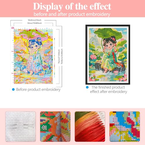 Zhenqing Summer Pond Stamped Cross Stitch Kit - 9CT 58x78cm Large Girl & Lotus Design, Pre-Printed Pattern for Beginners (68775)