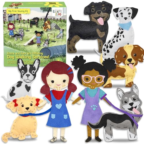 CRAFTILOO 8 Pre-Cut Dogs Stuffed Animal Fun Kids Sewing Kit for Kids Ages 8-12 Children Beginners Sewing kit Kid Puppy Crafts Felt Pillow Plush Craft Kit Girls and Boys - color: Emma & Kate's Dog Walking Services