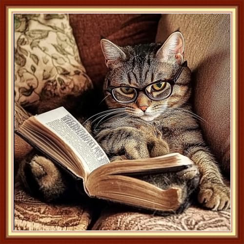 Artvxeay Stamped Cross Stitch Kits - Embroidery Kits for Beginners Cross Stitch Kits for Adults 11 CT Printed Patterns Needlepoint Kits-Cat Reading 18x18 inch - color: Cat Reading 18x18 inch