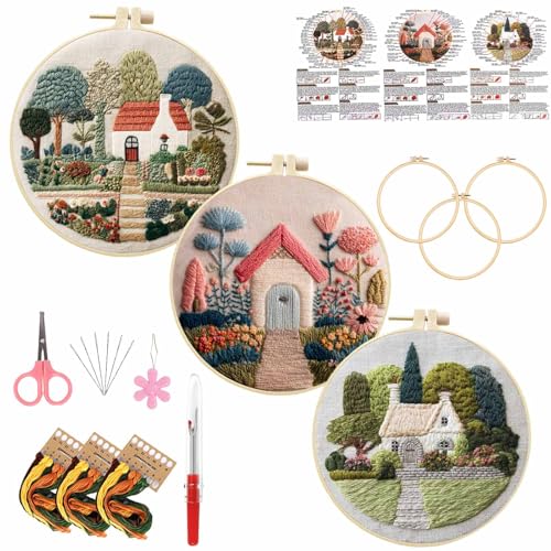 3 Packs Embroidery Kit for Adults, Embroidery for Beginners (Cottage) - color: Cottage