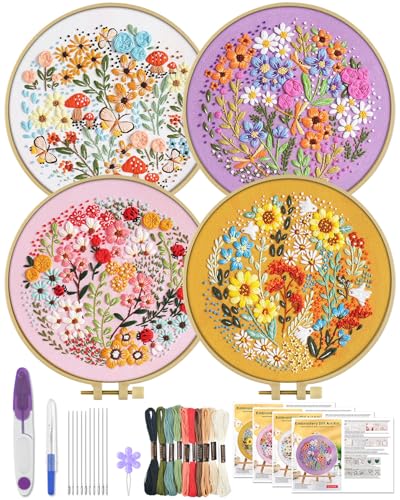 ERKOON 4 Sets Embroidery Kit for Beginners,Hummingbird and Flower Cross Stitch Set for Include Embroidery Cloth Hoops Threads for Craft Lover Hand Stitch (Flower) - color: Flower