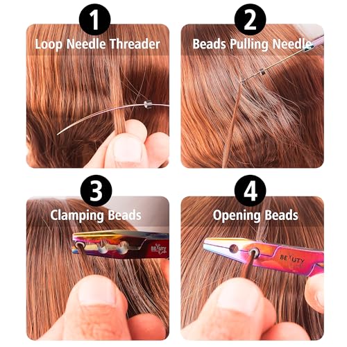 Beauty & Crafts Micro Links Hair Extensions Kit- Stainless Steel Beads Closer and Remover plier, Hair Extensions Loop Needle Pulling Hook, Bead Tool for Hair or Feather Extensions with Leather Pouch - color: Rainbow
