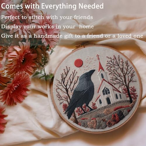FONNUY Embroidery Kit, Featuring Crow and Landscape Patterns, Cross Stitch Kits for Both Adults and Beginners, Handmade Crafts Printed Pattern Set, Color Thread Needlework, 8'' Hoop (Clever Bird) - color: Clever Bird