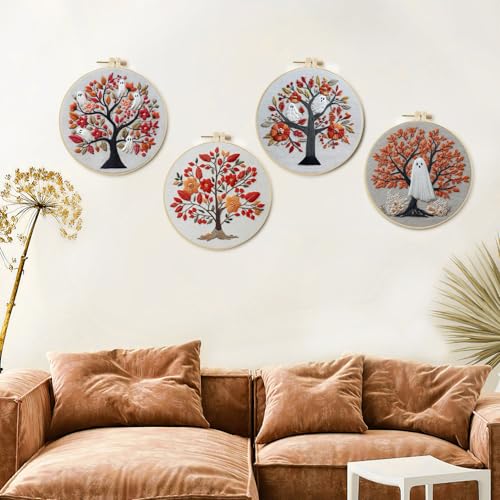 LB 4-Pack Halloween Ghost Embroidery Kit for Beginners: Orange Fall Tree Cross Stitch Kit | Adults DIY Starter Kit Includes Embroidery Hoop, Colorful Threads, Tools and Instructions - color: Orange Red