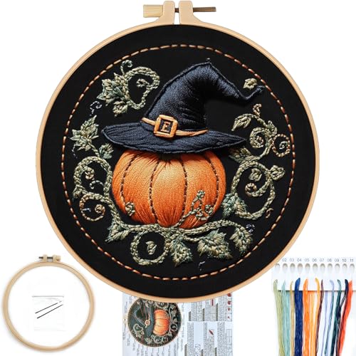 FONNUY Pumpkin Embroidery Kit for Beginners, Pre-Stamped Pattern Kits for Adults with Hoop, Easy to Follow Color Thread Needlework, 8'' Hoop (Witch Hat 4) - color: Witch Hat 4