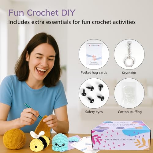 JC CRAFT Beginner Crochet Kit – 81 Piece Starter Set with 15 Colorful Yarns, Ergonomic Hooks, Complete Supplies, White Tote Bag, Accessories Case, Guide Book & Online Video Lessons