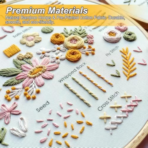 AZY 3-Piece Embroidery Kit for Beginners – Needlepoint Set with Pre-Printed Floral Patterns, Adjustable Hoop, Thread, Needles & Instructions for Cross Stitch Lovers (Floral Embroidery) - style: Floral Embroidery