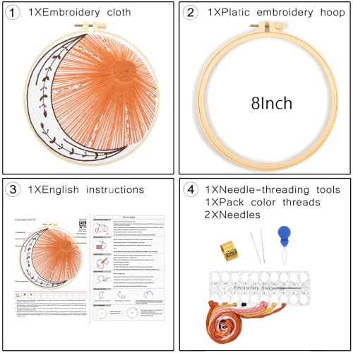 Crafmanoe Hand Embroidery Kits for Beginners Adults, Sun Moon Embroidery Starter Kits, Stamped Cross Stitch Kits DIY Needlepoint Kit for Beginners Adults, Embroidery Hoop, Thread and Video Tutorial - color: H2078