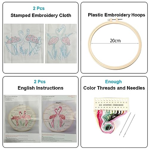 Konrisa Flamingo Embroidery Kit for Beginners with Pattern Floral Stamped Full Range of Embroidery Starter Kit for Adults Cross Stitch Kit with Embroidery Cloth, Hoops, Color Thread and Tools,Set of 2 - color: Type-2