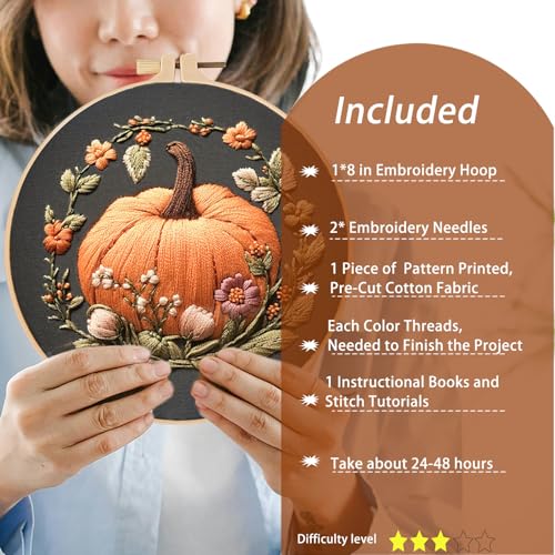 FONNUY Pumpkin Embroidery Kit for Beginners, Pre-Stamped Pattern Kits for Adults with Hoop, Easy to Follow Color Thread Needlework, 8'' Hoop (Orange) - color: Orange