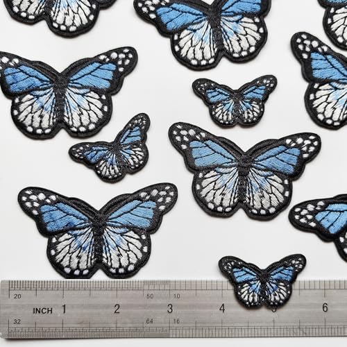 20pcs Butterfly Iron on Patches, 2 Sizes Blue Butterfly Embroidered Patches Applique for Clothes Hats Jeans Jacket - color: Blue butterfly
