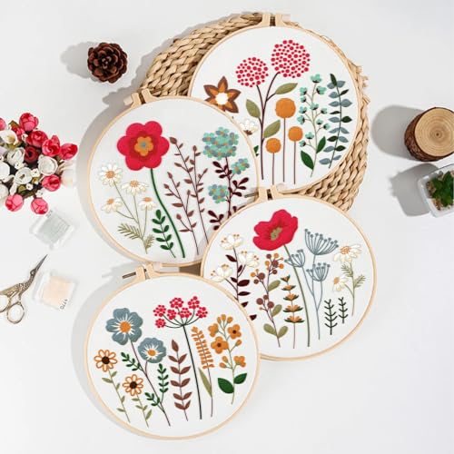 ORIGACH 4 Pack Flowers Embroidery Kits for Beginners, DIY Starter Hand Embroidery Kit with Floral and Plants Patterns and Instructions for Adults Women Crafting - color: Flowers