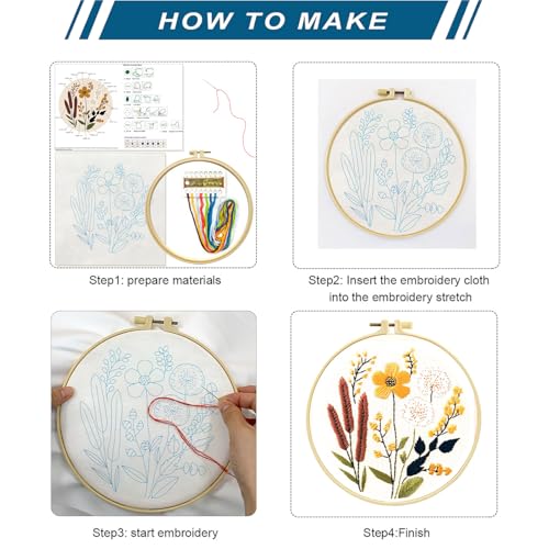 Zhenqing Floral Embroidery Kit - 4 Piece 29x29cm Round Hoop Art Set with Pre-Printed Cotton Fabric, Embroidery Hoop, Threads & Tools for Beginners (C0010) - color: C0010