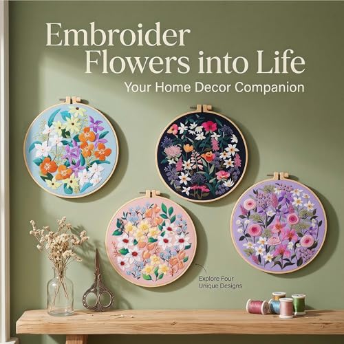 Harimau Adult Beginner Embroidery Starter Kit, Complete Set with 4 Patterns, 2 Hoops, Needles, Scissors, Instruction Guide & Stitching Video Tutorials - color: Floral1 pattern