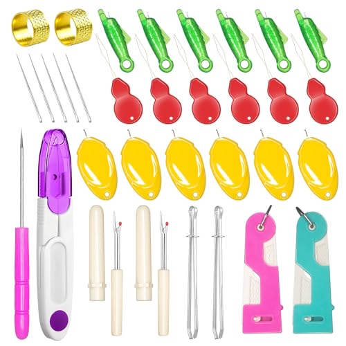 Lechchy 33 Pcs Sewing Tool Kit - with Automatic Needle Threader/Fish Mouth Easy Threader/Gourd and Thumb Shaped Simple Threader/Seam Rippers/Thread Snips/Drawstring Threaders/Awl/Thimbles/Needles - color: Style 1
