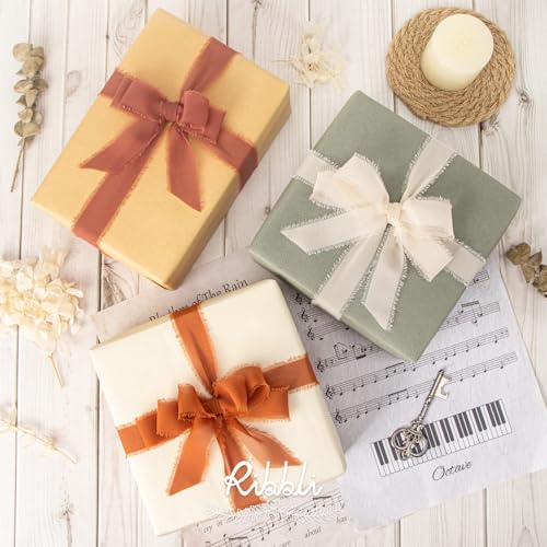 Ribbli Fall Chiffon Silk Ribbon 1Inch x 24 Yard Champagne/Terracotta/Rust Red Fringe Chiffon Fall Ribbon for Wedding Invitations, Bridal Bouquets Wrapping, Flower Arrangement Decoration - color: Champagne/Terracotta/Rust Red