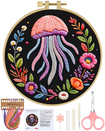 ERKOON Embroidery Kit for Beginners Adult, Cross Stitch Set Include Embroidery Cloth Hoop Threads for Craft Lover Hand Stitch with Embroidery Skill Techniques (Jellyfish) - color: Jellyfish