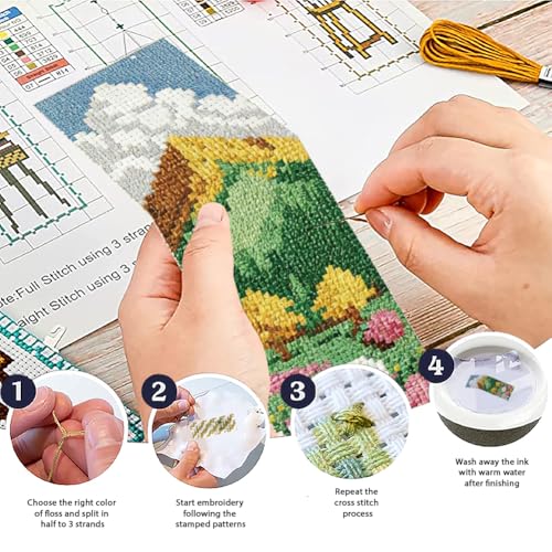 ACRNIGHEET 6PCS Cross Stitch Bookmark Kit for Beginner Stamped Cross Stitch Kits for Adults Mountain Fields DIY Embroidery Bookmark Kits Needlepoint Kit with Instructions Craft Gift 8.5''x3'' 11CT - style: Landscape Patterns 4