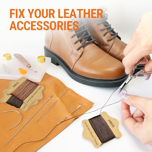 Upholstery Repair Kit: Waxed Sewing Thread (3 Rolls - Brown Color Range) & Heavy Duty Needles (11 PCS) for Leather, Canvas & Quilting Thread - color: Brown, Dark Brown, Light Brown