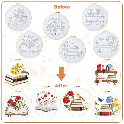 BEUNITONE 6 Set Books Flowers Embroidery Kit for Adult Beginners with Hoops and Instructions Literary Themed Needlepoint Craft Kits Complete DIY Handmade Cross Stitch Set for Book Lovers Home Decor - style: Book Flower