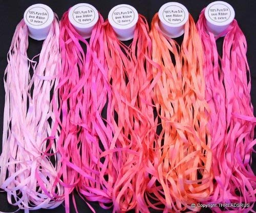 Pink Tones 7mm 100% Pure Silk Ribbon Set, 5 Spools (10 Meters Each)