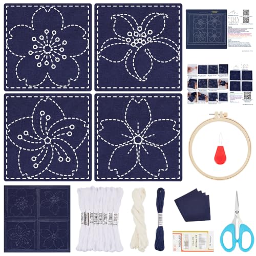 FREEBLOSS 4 Set Sashiko Coasters DIY Kit with Instructions Cherry Blossom