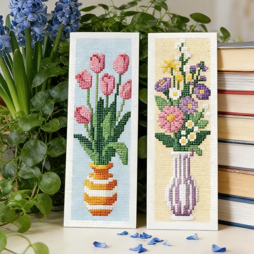 INFUNLY 6PCS Cross Stitch Bookmark Kit for Adults Flower Vase Stamped Embroidery Bookmark Kit with Backing Felt Floss Instruction for Book Lovers Readers - style: Vases