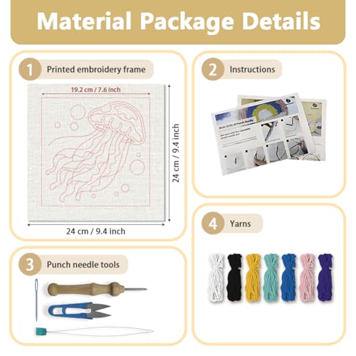 DOODLREAM Color Jellyfish Needle Kit for Beginner, 9.4"x 9.4" Marine Life Punch Stitching Craft Set, Color DIY Embroidery Starter with Printed Frame, Instruction, Threader, Yarn, Pinch Needle - color: Jellyfish