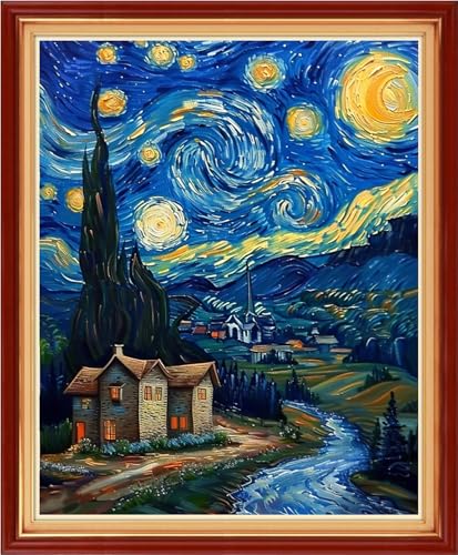 Artvxeay Stamped Cross Stitch Kits Beginners Full Range of Embroidery Starter Kits for Adults Printed Cross Stitching DIY Needlepoint Kit 11CT- (Van Gogh's Starry Night Home 16x20 inch) - color: Color46