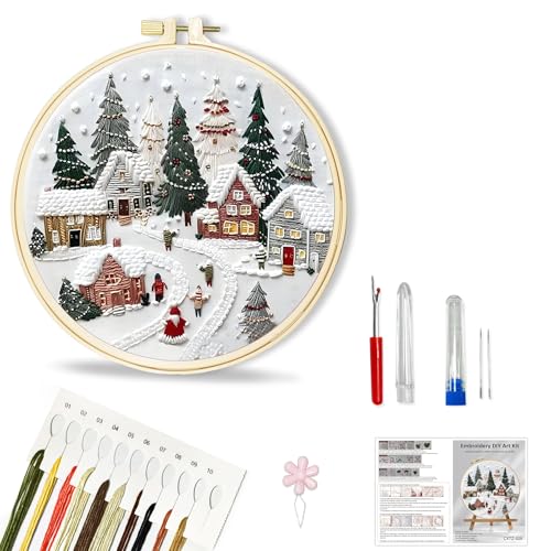 Huacan Embroidery Kit for Beginners Adults, Easy Needlepoint Kits for Adults with Stamped Embroidery Patterns. (Village) - style: Village