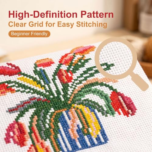 WUSARPLY Flower Stamped Cross Stitch Kits for Beginners Adults with Framed - color: DKJ002