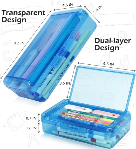 Double Layer Plastic Clear Hard Colored Pencil Box Case Pen Crayon Box - color: Blue,Pink,Dark Gray,Light Blue,Green,Light Green