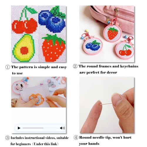 VIGEGU 8 Pack Fruit Stamped Cross Stitch Kits for Kids Beginners with Frame - color: Fruit