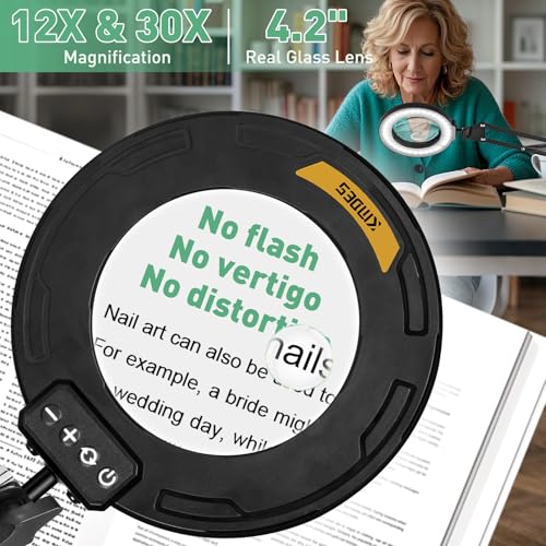 Magnifying Glass with Light and Clamp, 4.2in 12X 30X Extended Arm - size: 4.2IN-2