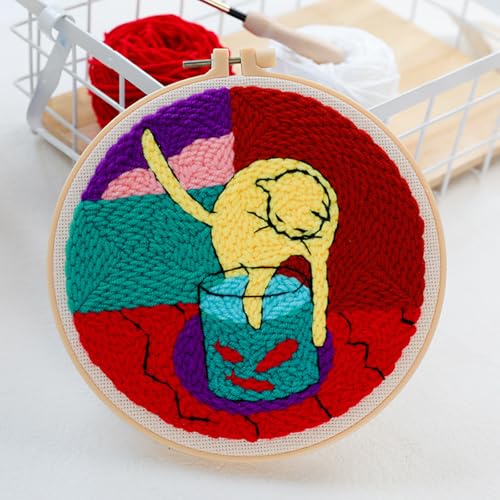 Woohome Punch Needle Kit Included Plastic Hoops, Punch Needle Cloth, Color Yarn and Punch Needle Tools for Adults, Beginners (Cat and Vase) - color: Color 23