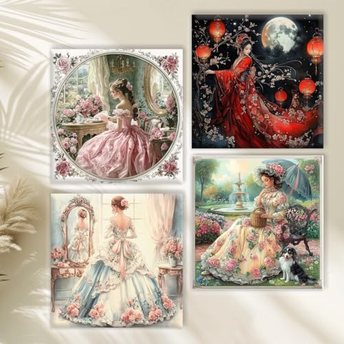 JOZYSH Cross Stitch Stamped Kits for Adults 4 Pack Elegant Ladie Pattern 11CT Printed Cross Stitch Kits for Beginner Prestamped Easy Needlepoint Kits Crafts for Decor 16x16 inch