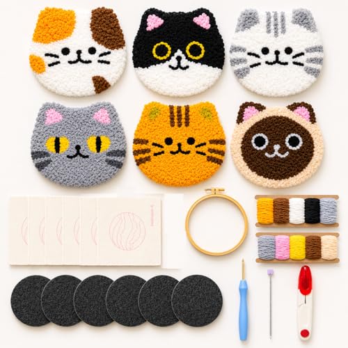 HGUANGJ Punch Needle Kit for Beginners Adults, Cat Coasters Kit with Adhesive Felt, Yarns, Embroidery Hoop for DIY Craft