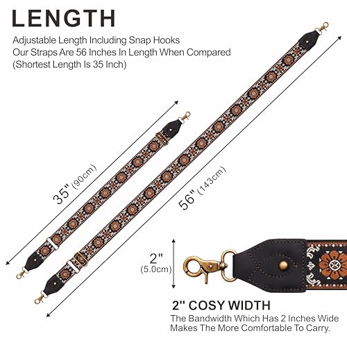 Nefelibata Banjo Strap,2"Wide Double Crazy Horse Leather Jacquard Embroidery Strap Adjustable Replacement,Multi-pattern Strap With Metal Clips - color: A#-black Leather Embroidery