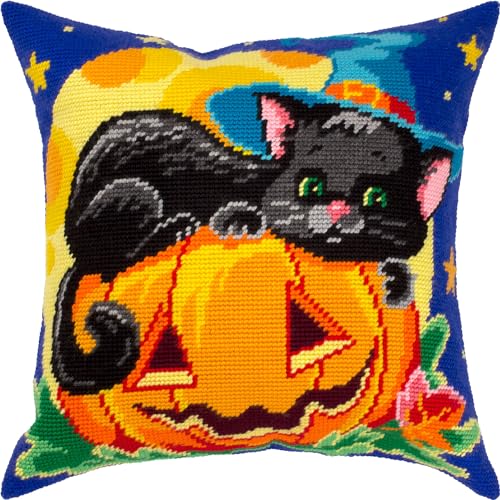 Brvsk Autumn Needlepoint Kit for Adults and Beginners — Halloween Cat 16″ × 16″ with Clear, Precise Printed Design on Cotton Canvas; Includes 2 Needles, Yarn, and Easy-Read Chart - color: Cat