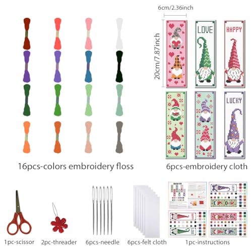 FREEBLOSS 6Pcs Cross Stitch Bookmark Kits Gnome Elf Pattern Stamped Embroidery Bookmarks Beginner Embroidery Kit with Instructions Counted Cross Stitch Kit for Hand Embroidery Gift - style: Gnomes