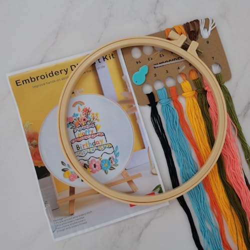 Esffaci Embroidery Starter Kit for Adult Beginner with Birthday Cake Candle Flower Pattern Hand Embroidery Set with Cloth Hoop Needle Threader Floss and Instruction - color: Birthday Cake