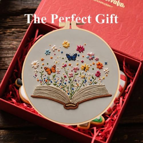 Konrisa Stamped Embroidery Kit with Butterfly Scenery Book Flower Pattern, Embroidery Starter Kit DIY Sewing Practice, Cross Stitch Kit,Set of 3 - color: flower book