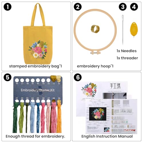 CREAWONDER Canvas Tote Bag Embroidery Kit with Pattern for Beginners, Arts and DIY Embroidery Crafts Kits for Adults, Include Instructions, Embroidery Hoops, Color Threads and Tool - color: CR002 qingqingziyan yellow