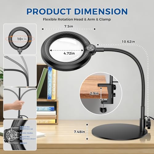 30X 10X Magnifying Glass with Light and Stand, 90 LED 5-Color Dimmable - size: Round