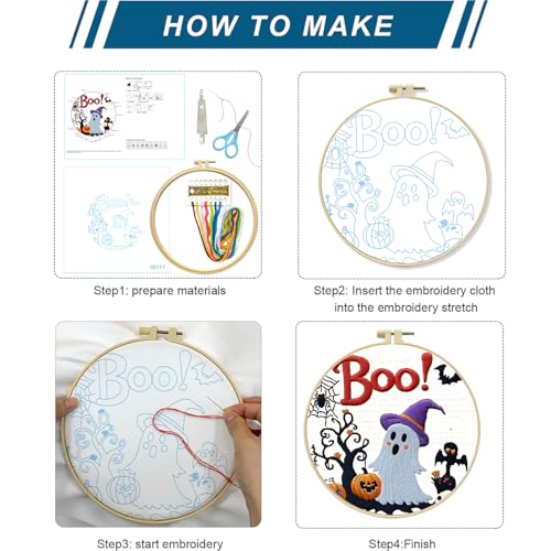 Zhenqing Halloween Ghost Embroidery Kit for Beginners, Cute Boo Needlework Kit with Pre-Printed Cotton Fabric, 20cm Hoop, Threads & Tools, Spooky DIY Wall Decor (C0117) - style: Halloween Ghost