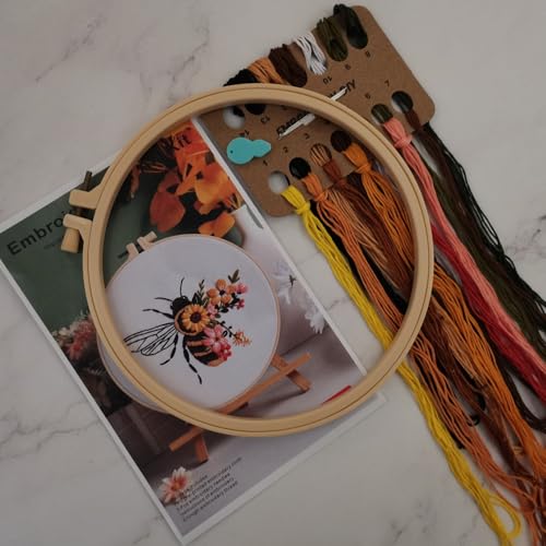 Esffaci Embroidery Starter Kit for Adult Beginner with Bee Pattern Hand Embroidery Set with Embroidery Cloth Hoop Needle Threader Embroidery Floss and Instruction - color: Bee A