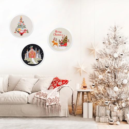 LB Christmas Embroidery Kit for Beginners Adults, 3 Sets Hand Embroidery Starter Kit with Snowman Pattern and Instructions Stamped Cross Stitch Kits Include Embroidery Hoop Needles Threads Scissors - color: Black White