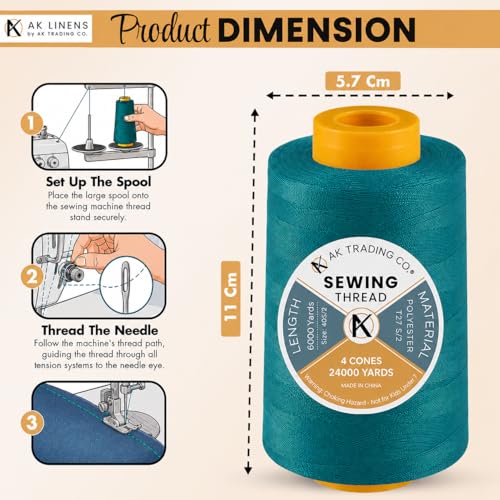 AK Trading 4-Pack Aquamarine All Purpose Sewing Thread Cones (6000 Yards Each) of High Tensile Polyester Thread Spools for Sewing, Quilting, Serger Machines, Overlock, Merrow & Hand Embroidery - color: AQUAMARINE