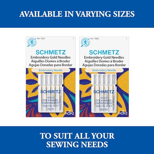SCHMETZ Gold Embroidery Sewing Machine Needles - Titanium Coated for Smooth Stitching, Size 75/11, 5-Needle Cards, Pack of 1 - size: 75/11
